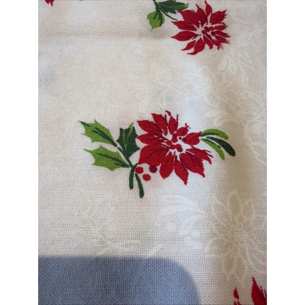 Vtg Christmas Poinsettia Table Runner Red Green On White 70